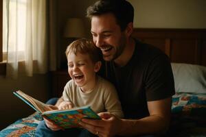 Joyful father and son laughing while reading a book in a cozy bedroom photo