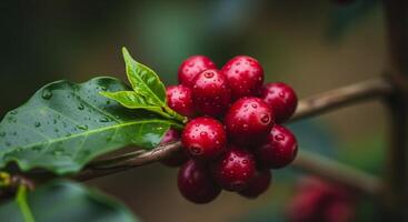 Ultra close up macro view of perfectly ripe glossy red coffee cherries on a branch with green leaves photo