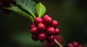Close up of perfectly ripe red coffee cherries on a branch with green leaves photo