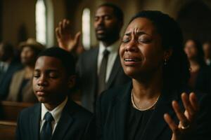 Emotional black woman crying and worshipping in a church service photo