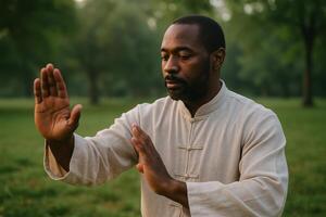 Focused black man practicing tai chi in a peaceful green park photo