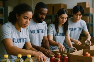 Diverse group of young volunteers sorting food donations at a community food bank photo