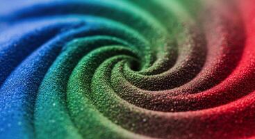 Vibrant swirling vortex of colorful sand grains with blue green red gradient photo