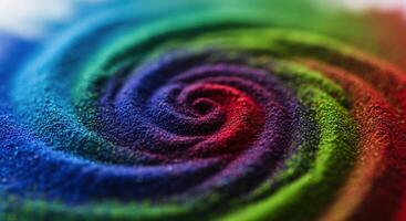 Vibrant finely milled colored powders arranged in a swirling vortex pattern close up macro photo
