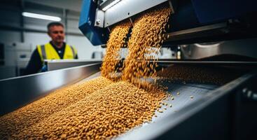 Automated grain sorting machine processing organic chicken feed in a modern factory photo