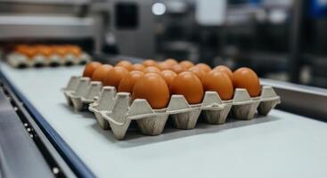 Fresh brown eggs in a carton tray moving on a conveyor belt in a food processing plant photo