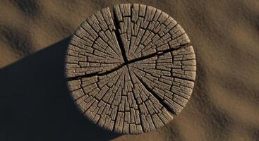 Circular weathered wood slice with prominent growth rings and deep cracks on textured sand photo