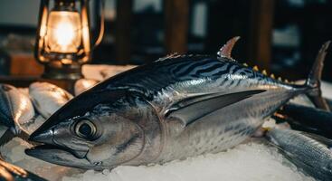 Close up of a freshly caught skipjack tuna displayed on crushed ice photo