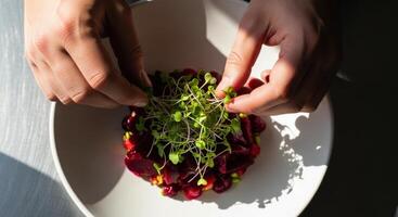 Chef hands garnishing vibrant beet salad with fresh microgreens in a white bowl photo