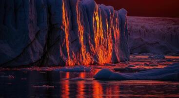 Dramatic sunset light illuminating a towering glacier face and ice floes in arctic waters photo