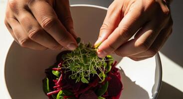 Chef hands garnishing a vibrant beet salad with fresh microgreens in a white bowl photo