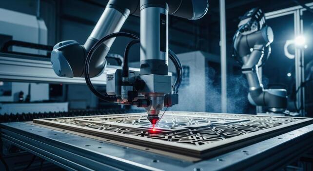 High tech robotic arm performing laser cutting on wood panel in automated manufacturing photo
