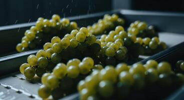 Fresh green grapes being washed on an industrial conveyor belt in a winery photo