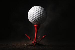 White golf ball on a shattered red tee at the moment of powerful impact photo
