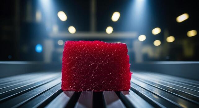 Ruby red textured block on metallic surface under dramatic spotlight photo
