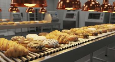 Freshly baked croissants and donuts on a conveyor belt in a modern bakery production line photo