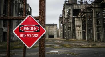 Bright red DANGER HIGH VOLTAGE warning sign on rusty fence at abandoned power station photo
