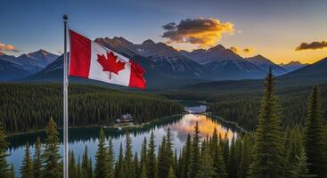 Canadian flag waving over majestic rocky mountains, serene lake, and lush forest at sunset photo