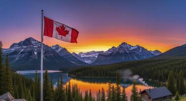 Canadian flag waving over majestic rocky mountains and serene lake at sunset photo