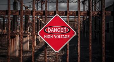 Bright red DANGER HIGH VOLTAGE warning sign on a rusty fence at an abandoned power station photo
