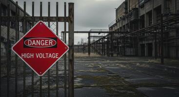 Red danger high voltage warning sign on metal gate of derelict factory photo