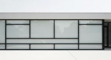 Modern minimalist building facade with frosted glass panels and sleek black frames photo
