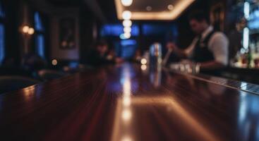 Elegant polished dark wooden bar top in focus with blurred cocktail lounge photo