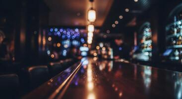 Polished dark mahogany bar top with blurred high end cocktail lounge photo