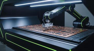 Futuristic robotic arm precisely fabricating a large metal sheet in an automated machine. photo