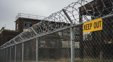 Chain link fence with razor wire and a yellow keep out sign guarding an abandoned industrial building photo