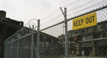 Security fence with razor wire and a yellow KEEP OUT sign near abandoned industrial buildings photo