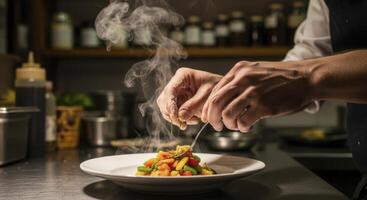 Chef hands plating steaming colorful sauteed vegetables in a dark kitchen photo
