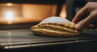 Hand dusting golden puff pastry turnover with powdered sugar on cooling rack photo