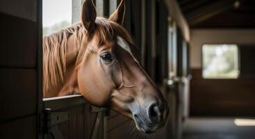 Close up portrait of a majestic brown horse peeking out from a rustic stable door photo