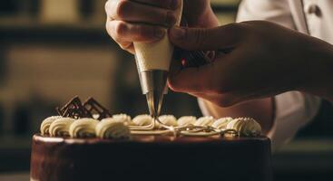 Pastry chef hands meticulously piping frosting details onto a gourmet chocolate cake photo