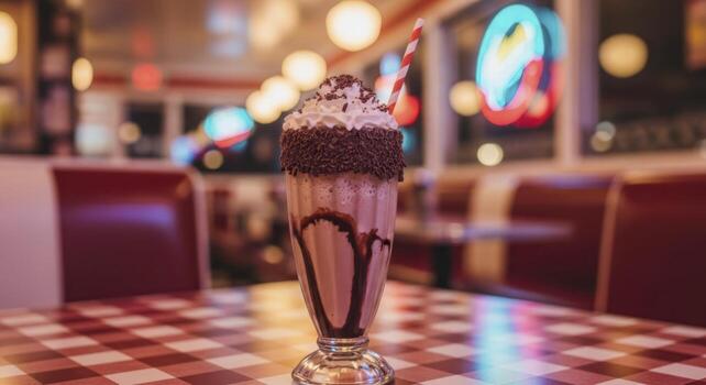 Frosty chocolate milkshake with whipped cream and sprinkles in a classic diner setting photo