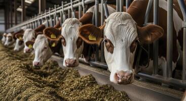 Dairy cows with brown and white markings feeding in a modern barn photo