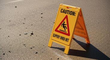 Bright yellow caution slippery when wet warning sign on damp pavement photo