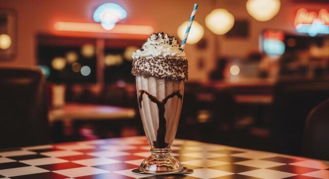 Delicious chocolate milkshake with whipped cream and sprinkles in a classic diner setting photo