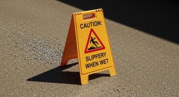 Bright yellow caution slippery when wet sign standing on asphalt photo