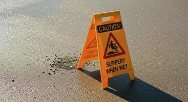 Bright yellow caution slippery when wet sign on damp asphalt surface photo