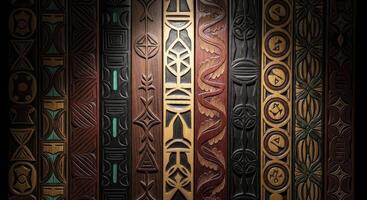 Collection of intricately carved wooden panels with diverse tribal patterns and textures photo