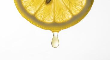 Close up of a fresh lemon slice with a single drop of juice dripping photo