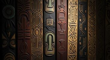 Intricately carved wooden panels with diverse tribal patterns photo