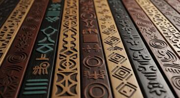 Close up of intricately carved wooden panels with diverse tribal patterns photo