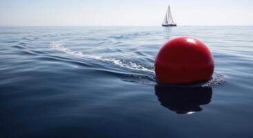 Vibrant red buoy floating on calm blue ocean water with sailboat in the distance photo