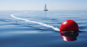 Vibrant red buoy floating on calm blue ocean water with sailboat and wake line photo