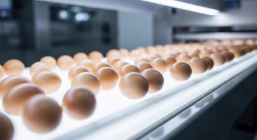 Organic brown eggs moving on illuminated conveyor belt in modern egg processing factory photo