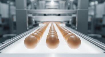 Organic brown eggs moving swiftly on illuminated conveyor belt in modern food factory photo