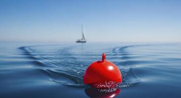 Vibrant red buoy floating on calm deep blue water with a distant sailboat and wake photo